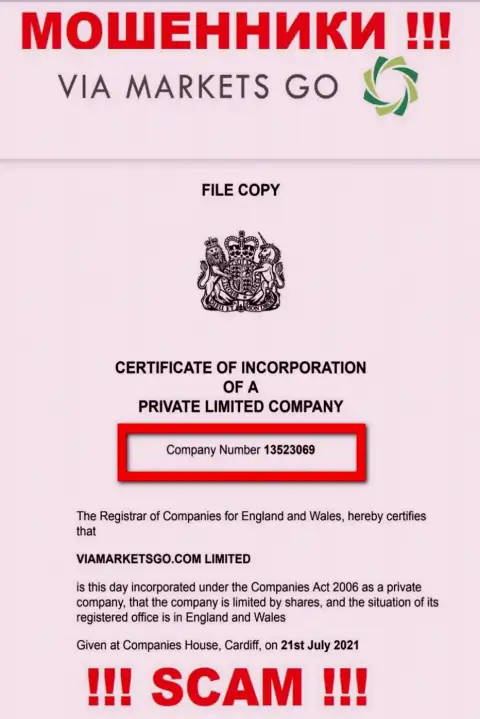 Регистрационный номер преступно действующей компании ViaMarketsGo - 13523069