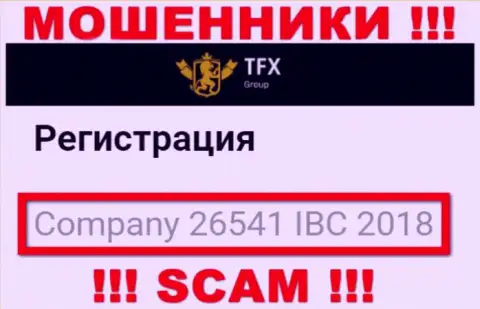 Регистрационный номер, принадлежащий противозаконно действующей компании TFX FINANCE GROUP LTD - 26541 IBC 2018