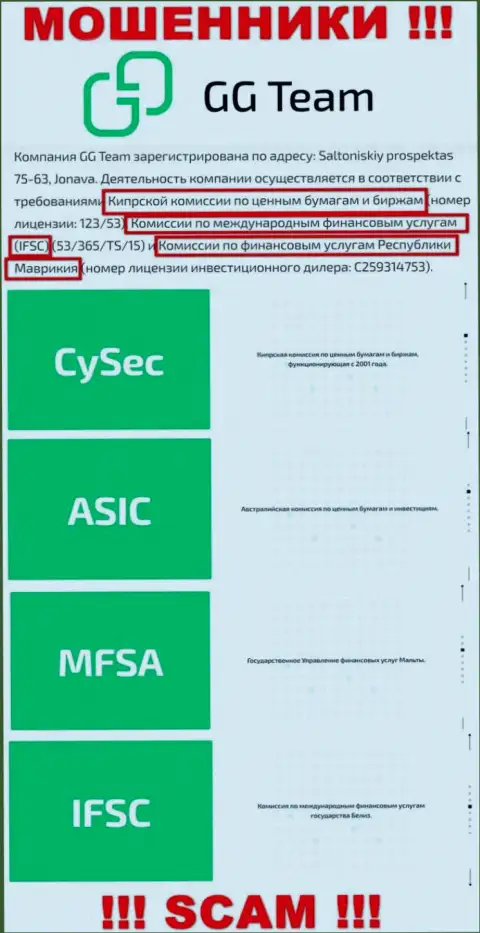 Регулирующий орган - FSC, точно также как и его подконтрольная компания GG Team - это МОШЕННИКИ