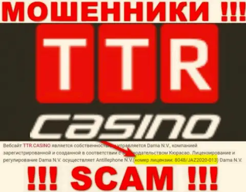 TTRCasino - это простые МОШЕННИКИ !!! Завлекают доверчивых людей в капкан наличием лицензионного документа на онлайн-сервисе
