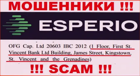 Незаконно действующая контора Esperio находится в оффшоре по адресу 1 Floor, First St. Vincent Bank Ltd Building, James Street, Kingstown, St. Vincent and the Grenadines, будьте очень бдительны
