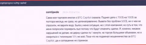 Биржевые игроки описали свое видение о качестве условий совершения торговых сделок брокера БТГ Капитал на интернет-сервисе CryptoPrognoz Ru