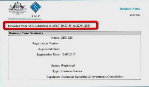 Документ, доказывающий присутствие регистрации у биржевой компании Zinnera Com