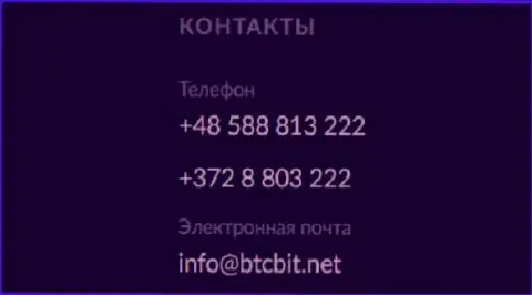 Телефон и Е-майл интернет-обменки BTCBit Sp. z.o.o.
